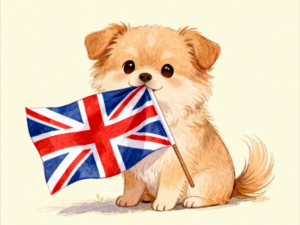 Cartoon image of a cute little dog with the flag of great britain